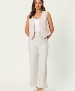 Women's Linen Vest Sleeveless Button Down V Neck Formal Business Waistcoat