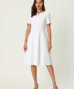 Women's Office Sweetheart Neck Short Sleeve Work A-Line Dress